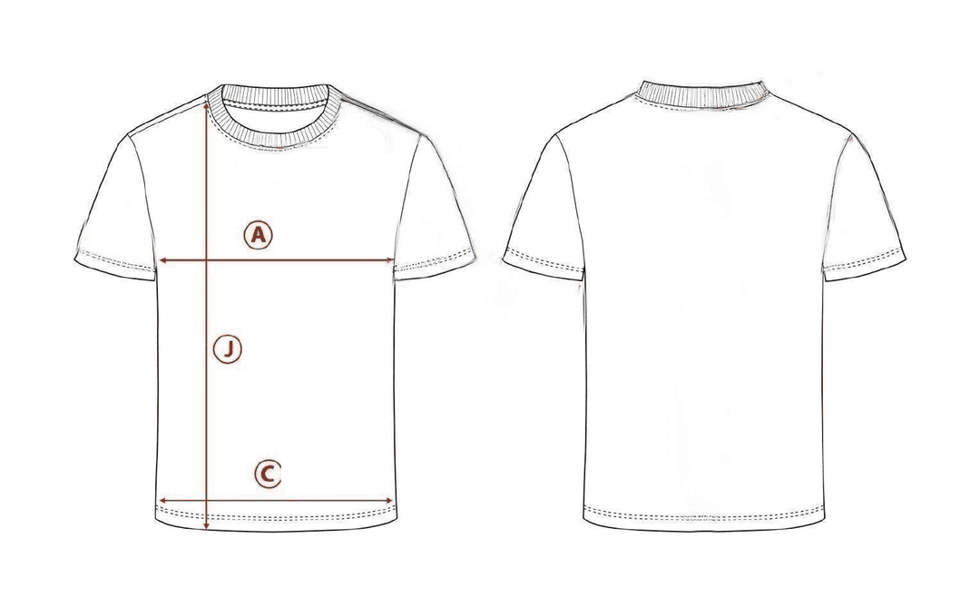 The Everyday Tee — Olive Green measurement diagram: points A, J, and C — see the table below for values