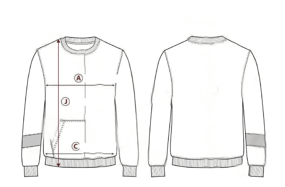 The Quiet Sweatshirt — Charcoal Grey measurement diagram: points A, J, and C — see the table below for values